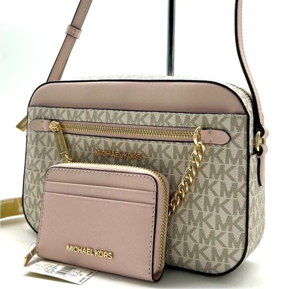 Michael Kors Jet Set LG Signature Logo Crossbody Bag & Matching Card Case Wallet